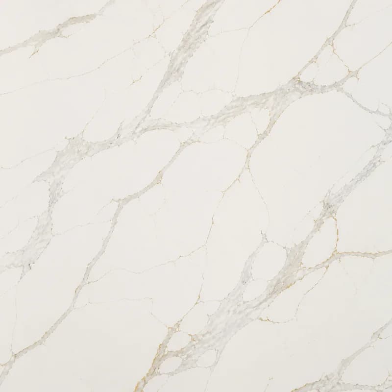 AI material visualization of Calacatta Gold Quartz with a warm-white field, controlled gray veins, and restrained warm-gold accents.. AI design visualization.