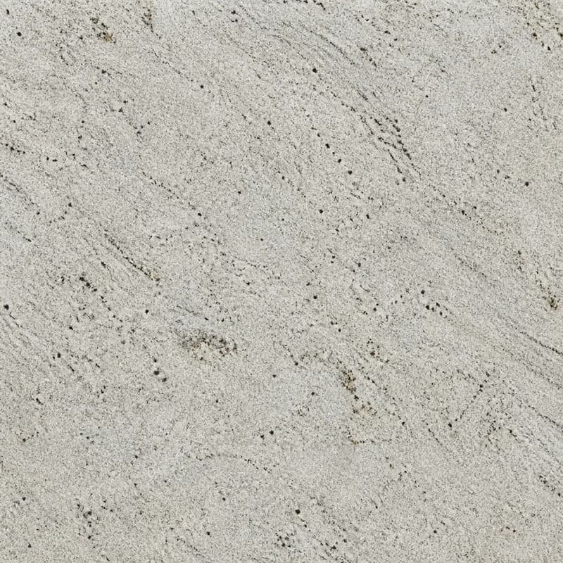 AI material visualization of Colonial White Granite with a creamy white granular field, pale-gray movement, and sparse burgundy-brown mineral points.. AI design visualization.