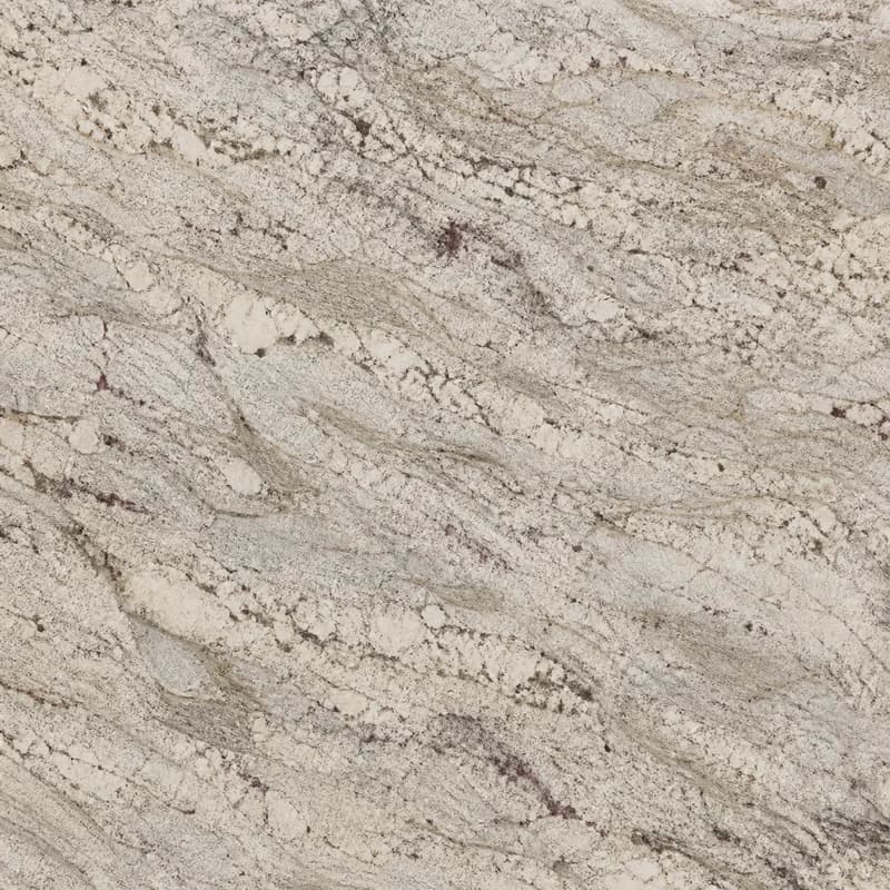 AI material visualization of Typhoon Bordeaux Granite with a creamy field, flowing gray and taupe movement, and sparse burgundy accents.. AI design visualization.