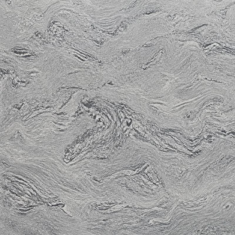 AI material visualization of Viscount White Granite with sweeping white, silver-gray, and charcoal mineral movement.. AI design visualization.