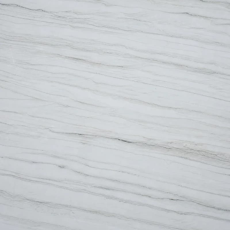 AI material visualization of White Macaubas Quartzite with a light field and long parallel gray mineral veins.. AI design visualization.
